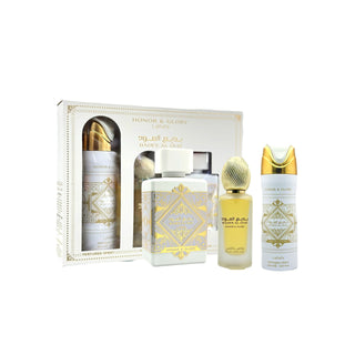 Lattafa Bade'E Al Oud Honor & Glory 3 Pcs Set: Eau De Parfum Spray + 1.7 Hair Mist + 6.7 Perfumed Body Spray by Lattafa