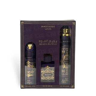 Lattafa Bade'E Al Oud Amethyst 3 Pcs Set: Eau De Parfum Spray + 6.7 Deodorant Spray + Air Freshener by Lattafa