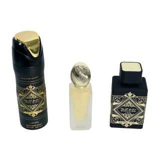 Lattafa Bade'E Al Oud For Glory 3 Pcs Set: Eau De Parfum Spray + 6.7 Perfumed Spray + 1.7 Hair Mist by Lattafa