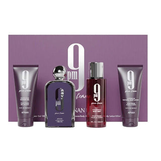 Afnan 9 Pm 4 Pcs Set For Women: Eau De Parfum Spray + Body Mist + 3.4 Shower Gel + 3.4 Body Lotion by Afnan