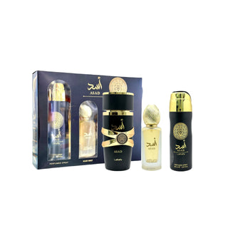 Lattafa Asad 3 Pcs Set For Men: Eau De Parfum Spray + 1.7 Hair Mist + 6.7 Perfumed Body Spray by Lattafa